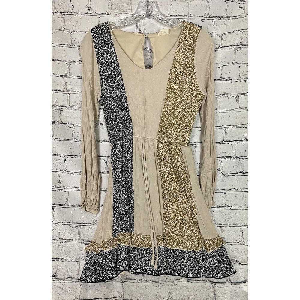 NWOT 143 Story Black Brown Ivory White Floral Color Blocking Long Sleeve Dress M